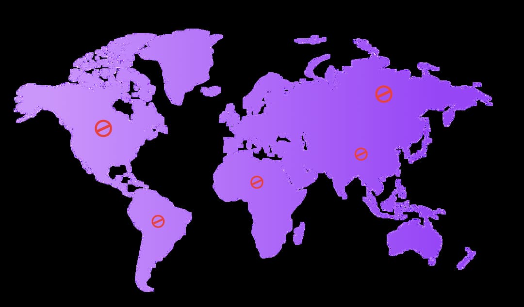 Purple world map with prohibition symbols on North America, Europe, and Asia, highlighting Trademo's global sanctions screening tool for compliance with over 660 sanction and PEP lists.