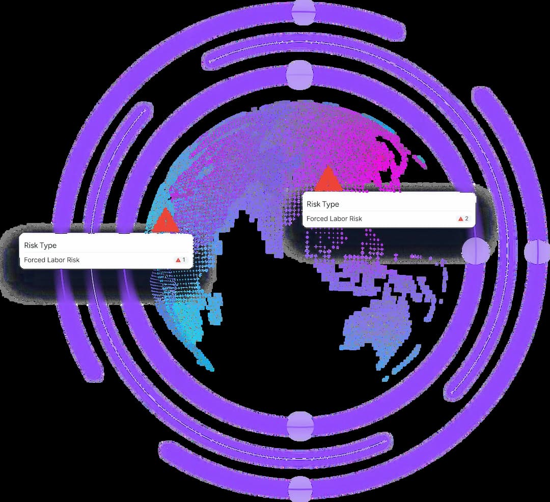 Purple world map with prohibition symbols on North America, Europe, and Asia, highlighting Trademo's global sanctions screening tool for compliance with over 660 sanction and PEP lists.