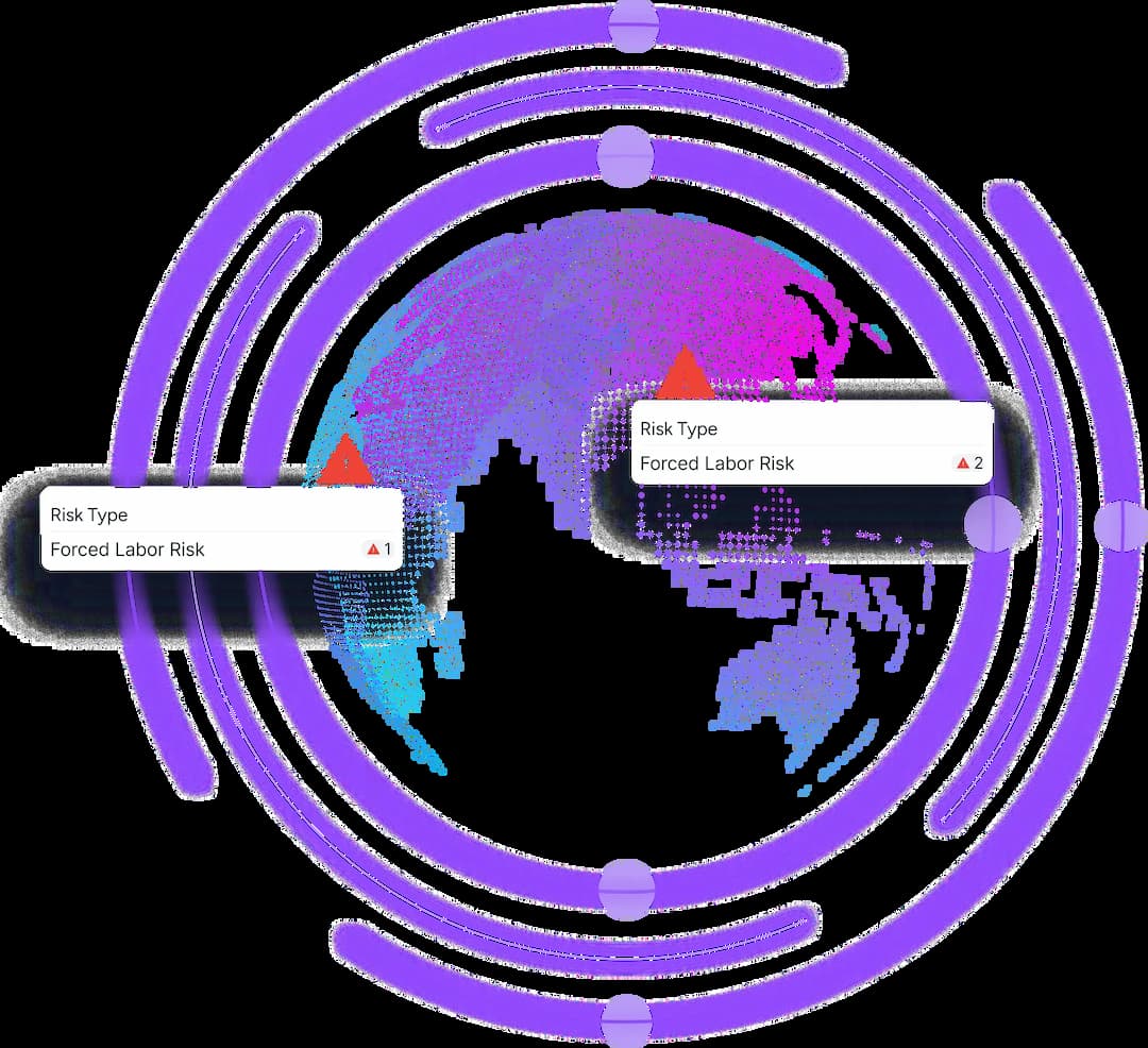 Purple world map with prohibition symbols on North America, Europe, and Asia, highlighting Trademo's global sanctions screening tool for compliance with over 660 sanction and PEP lists.